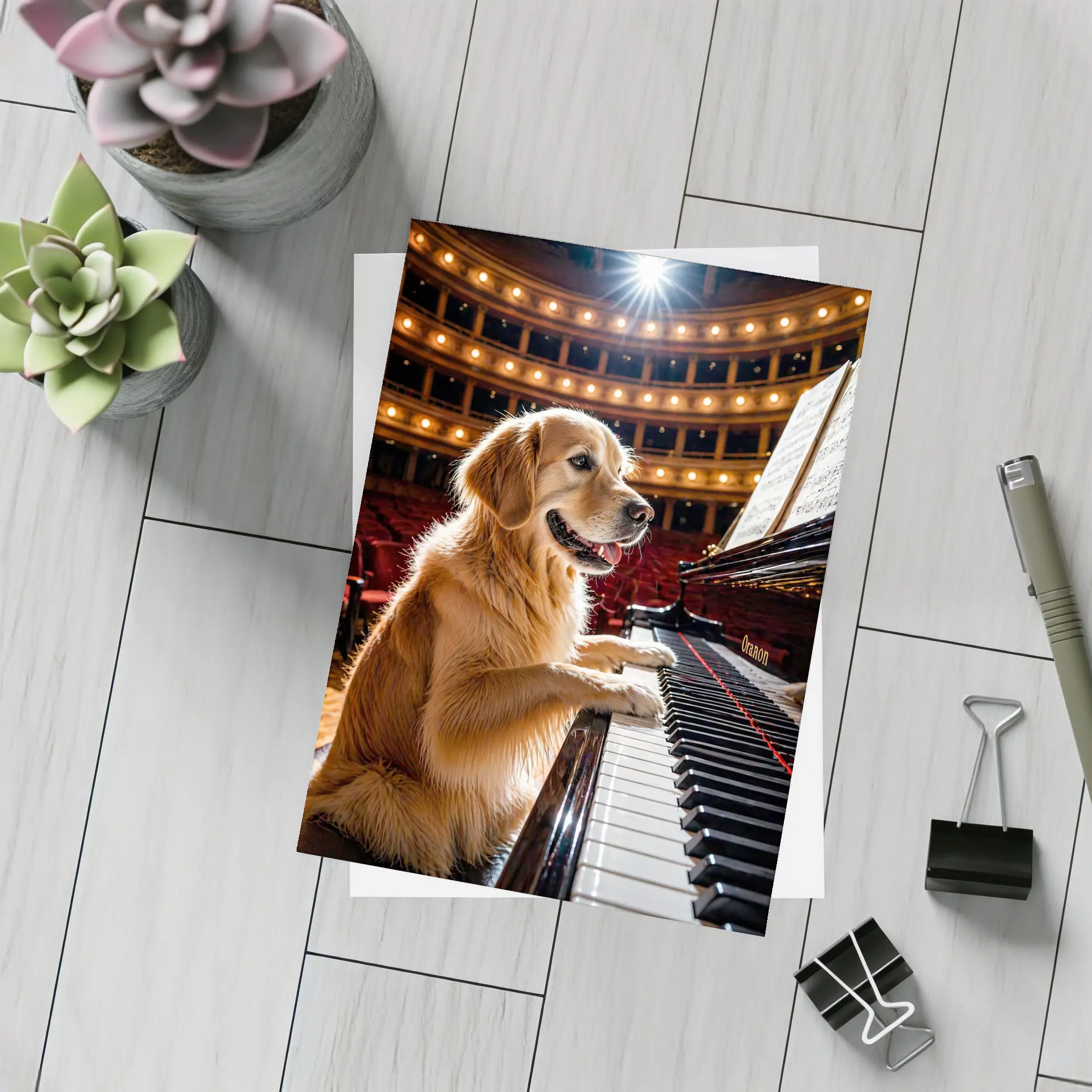 Golden Retriever Playing Piano Concert Hall – Postcards