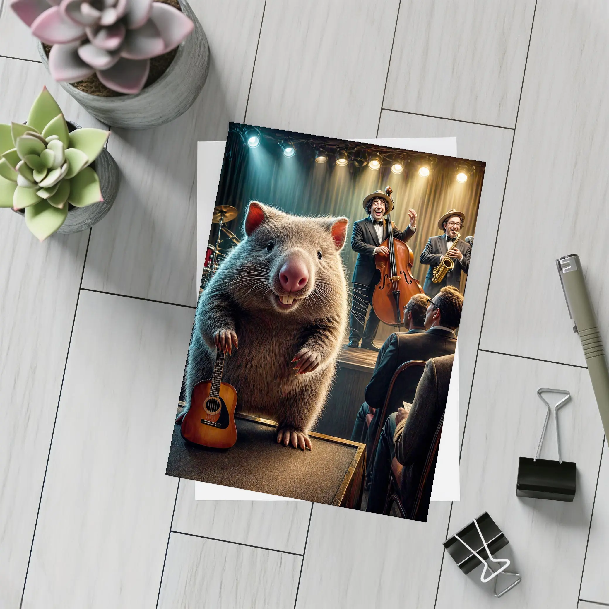Wombat Playing Guitar at Jazz Club – Postcards