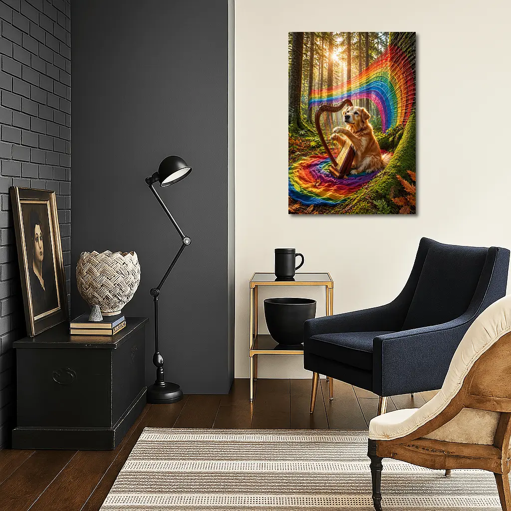 Golden Retriever Playing Harp In Forest – Wall Art