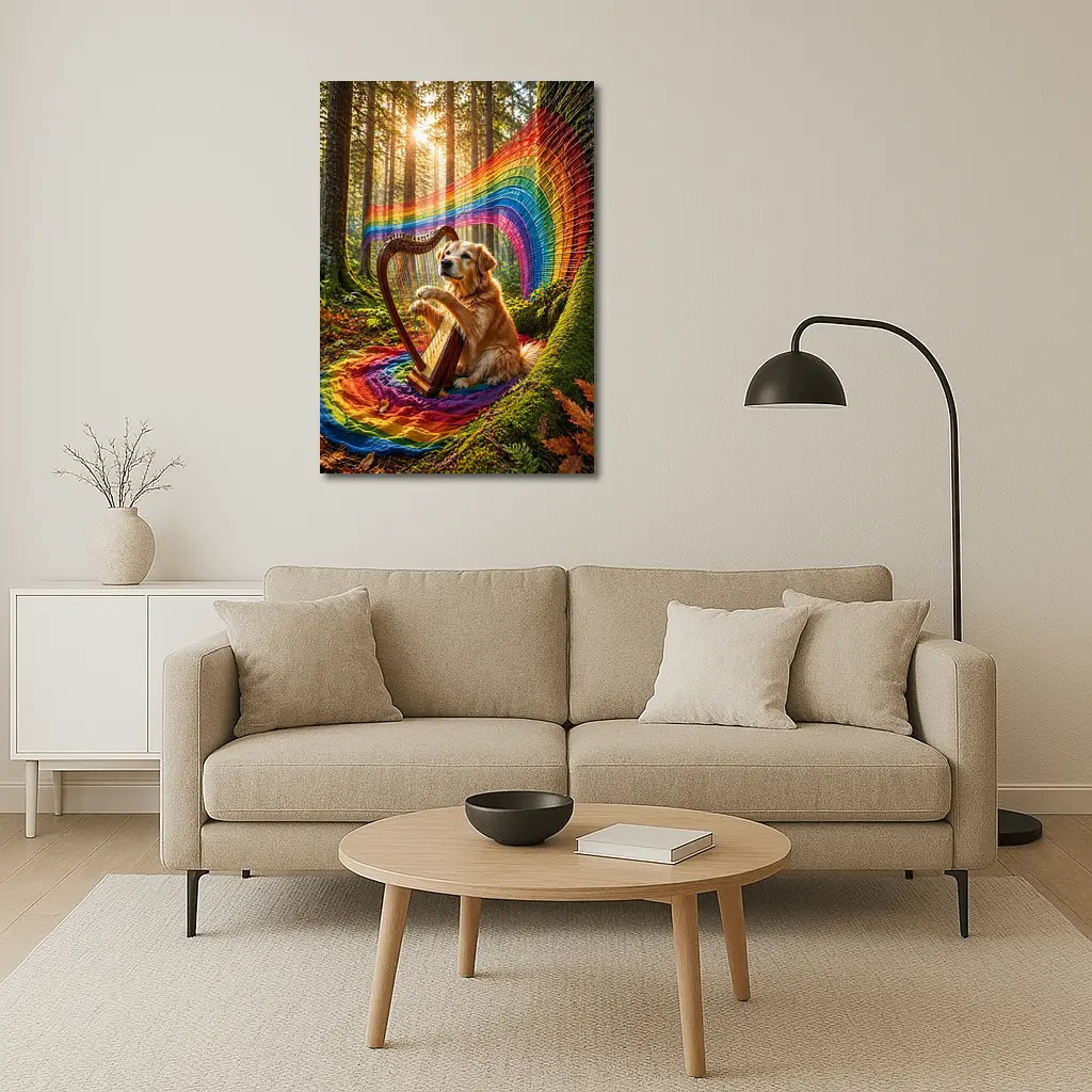 Golden Retriever Playing Harp In Forest – Wall Art