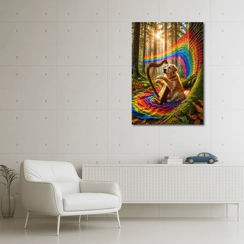 Golden Retriever Playing Harp In Forest – Wall Art