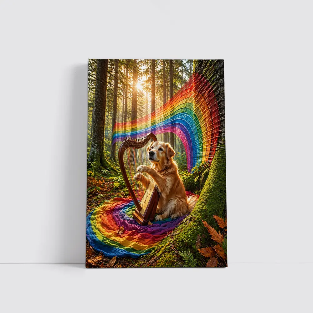 Golden Retriever Playing Harp In Forest – Wall Art