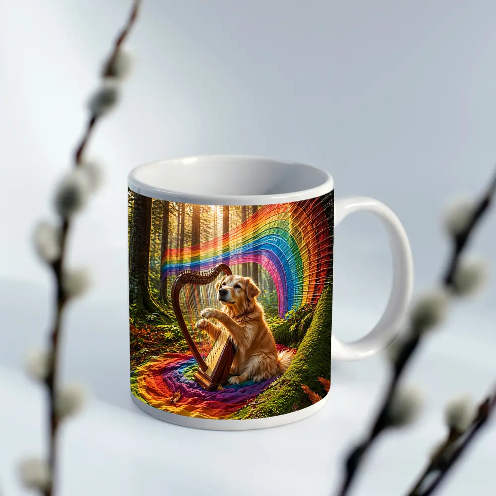 Golden Retriever Playing Harp In Forest – Mugs