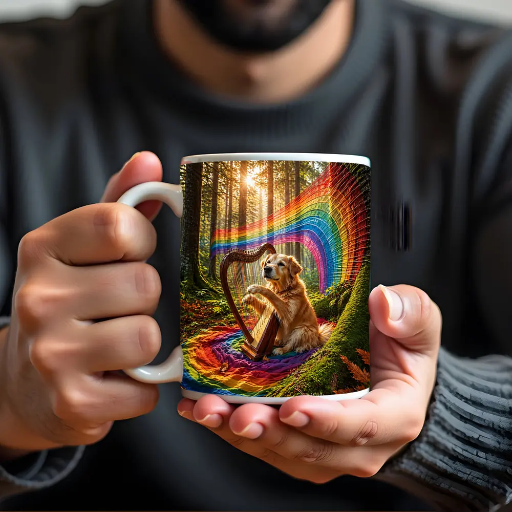 Golden Retriever Playing Harp In Forest – Mugs