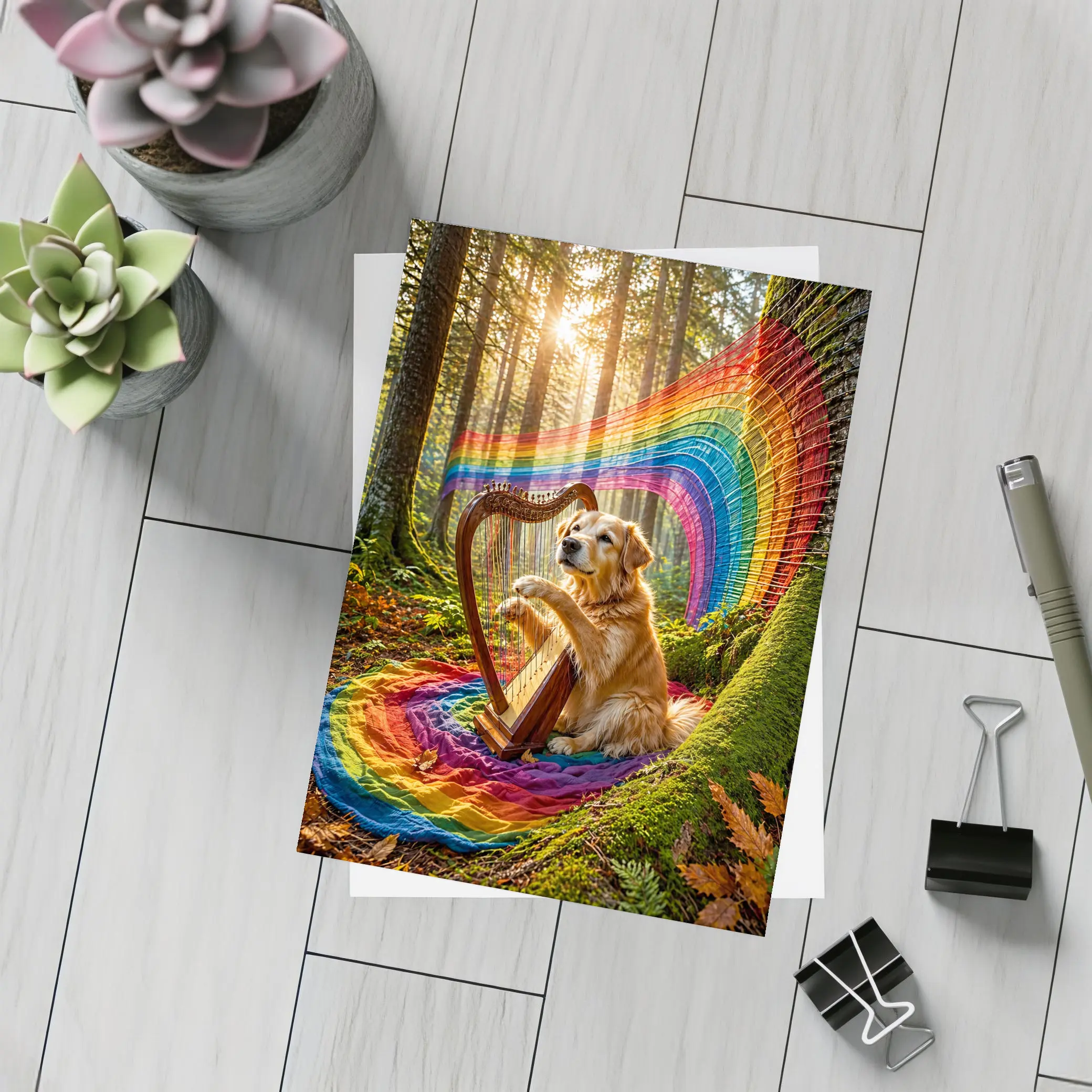 Golden Retriever Playing Harp In Forest – Postcards