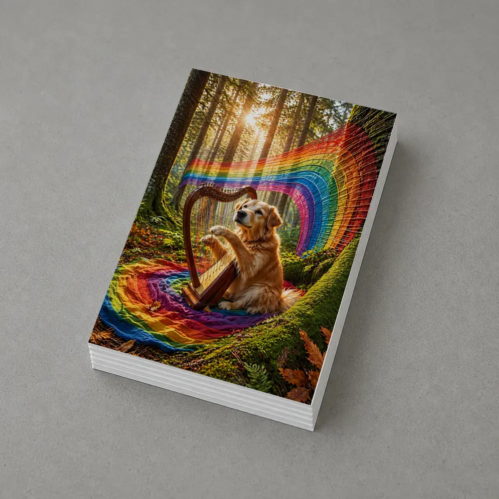 Golden Retriever Playing Harp In Forest – Postcards
