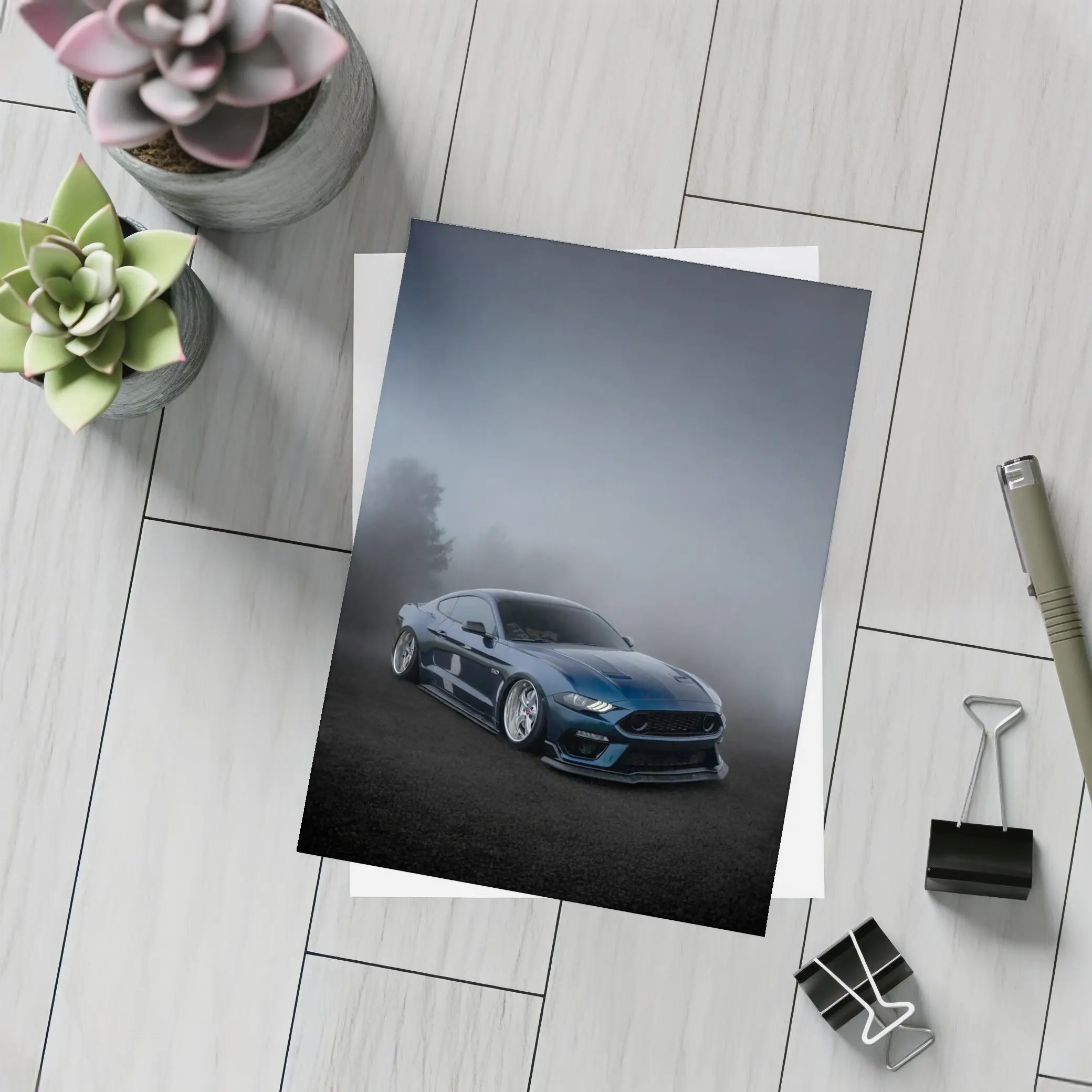 Ford Mustang GT Blue Stance Foggy Background – Postcards
