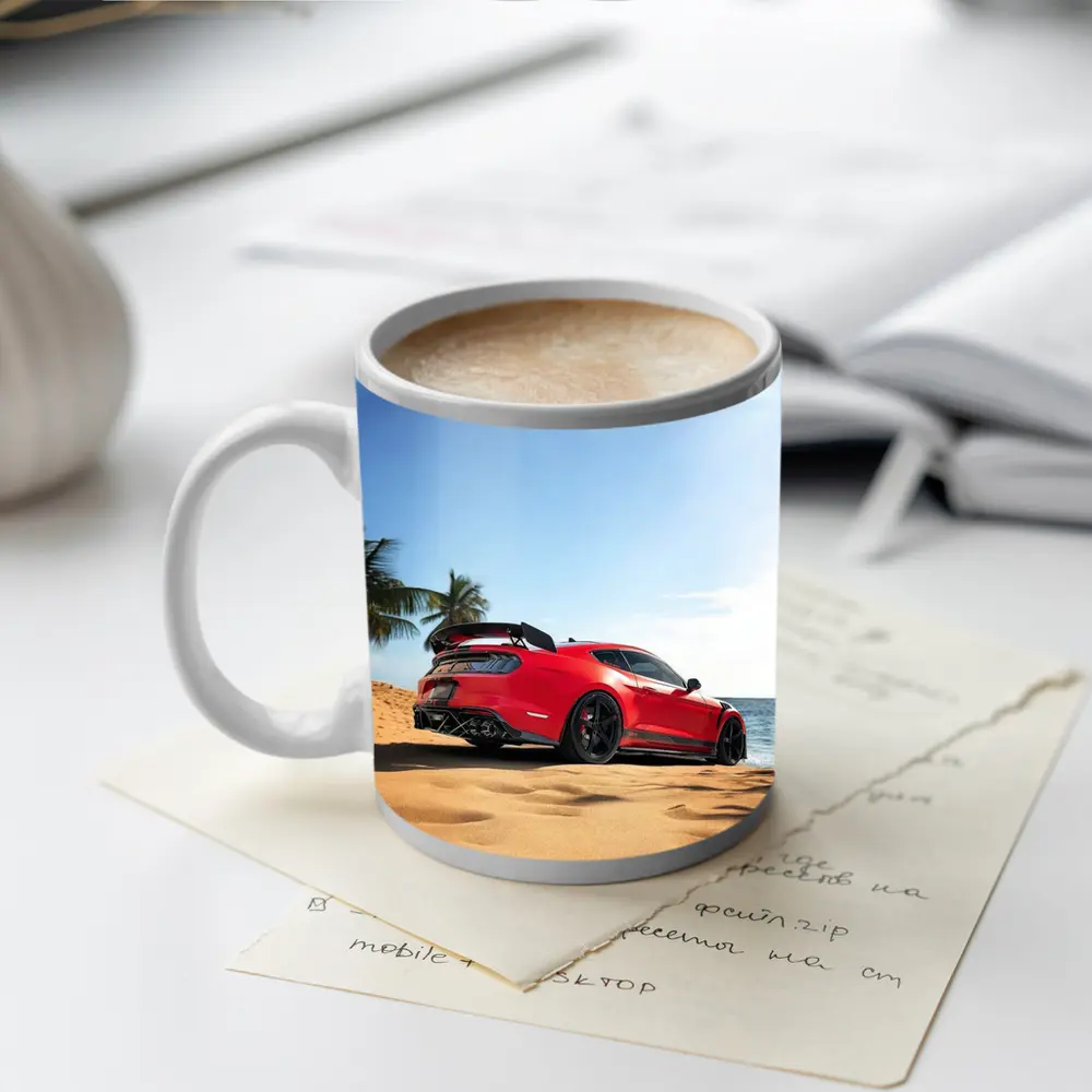 Red Ford Mustang GT500 on Sandy Beach – Mugs