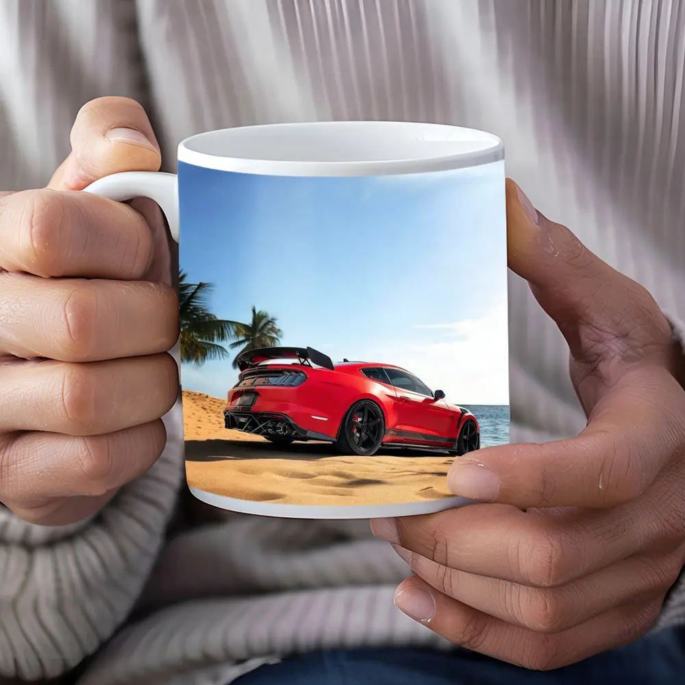 Red Ford Mustang GT500 on Sandy Beach – Mugs