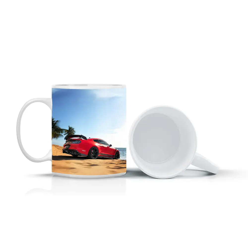 Red Ford Mustang GT500 on Sandy Beach – Mugs