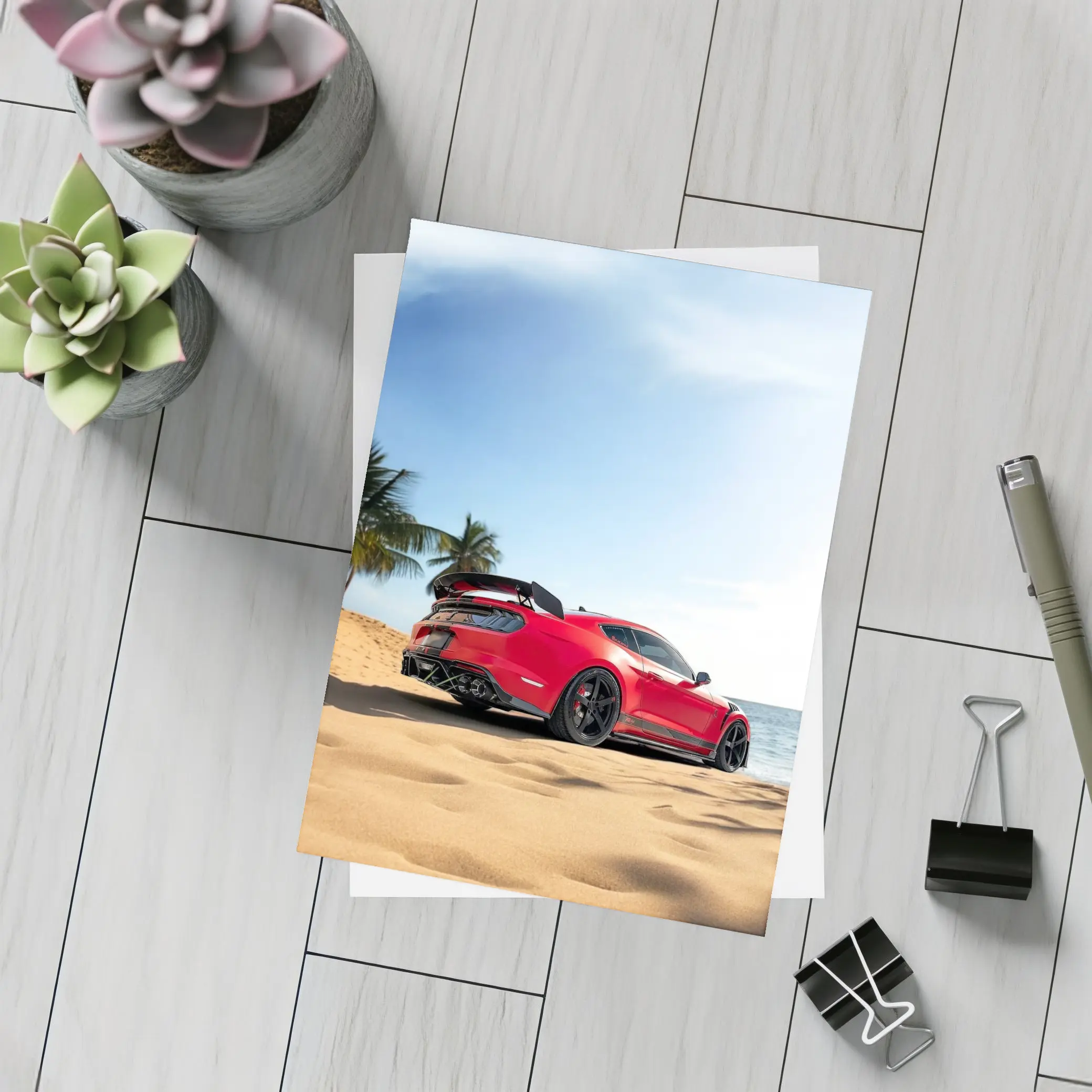 Red Ford Mustang GT500 on Sandy Beach – Postcards