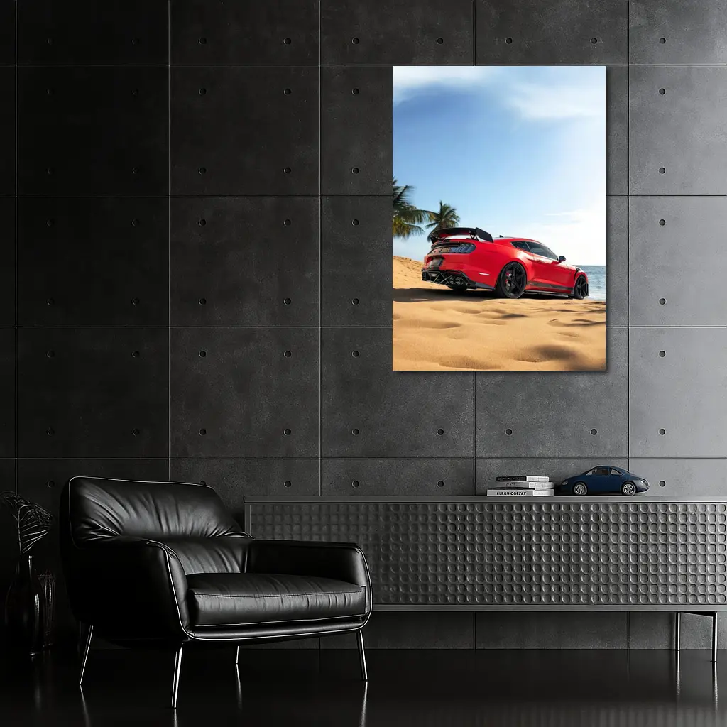 Red Ford Mustang GT500 on Sandy Beach – Wall Art