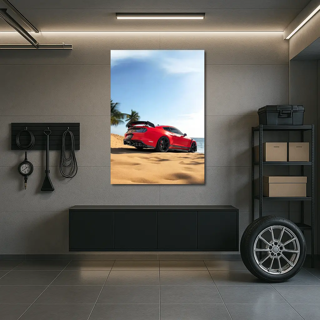 Red Ford Mustang GT500 on Sandy Beach – Wall Art