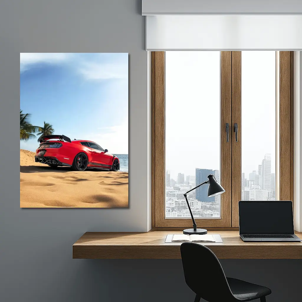Red Ford Mustang GT500 on Sandy Beach – Wall Art