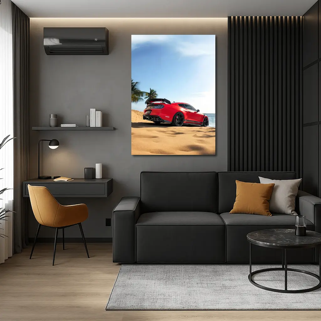 Red Ford Mustang GT500 on Sandy Beach – Wall Art