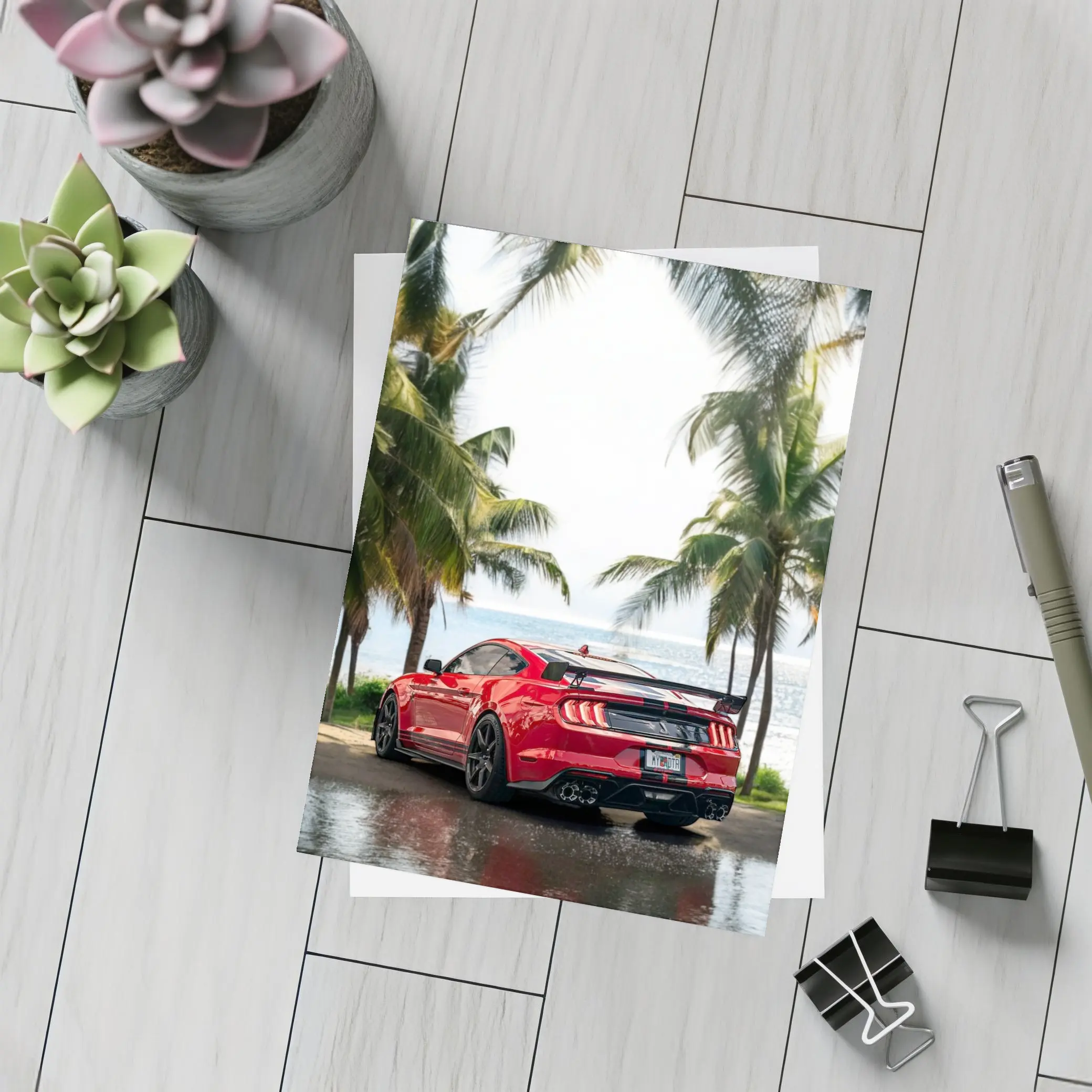 Ford Mustang Shelby GT500 Red Beach Palm Trees – Postcards