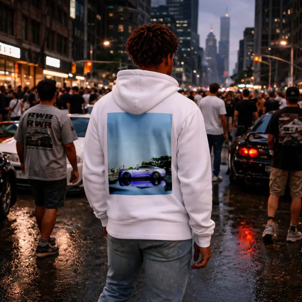 Purple Ford Mustang City Skyline Background – Hoodies