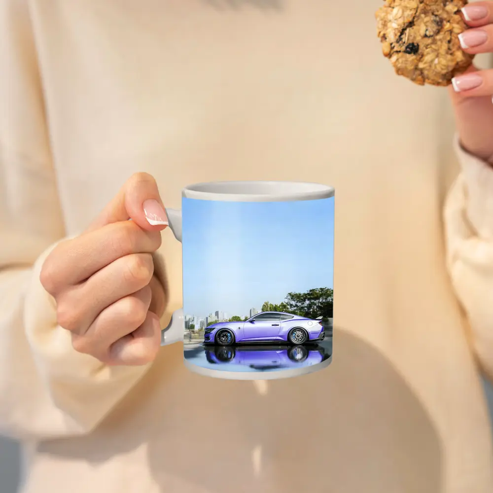 Purple Ford Mustang City Skyline Background – Mugs