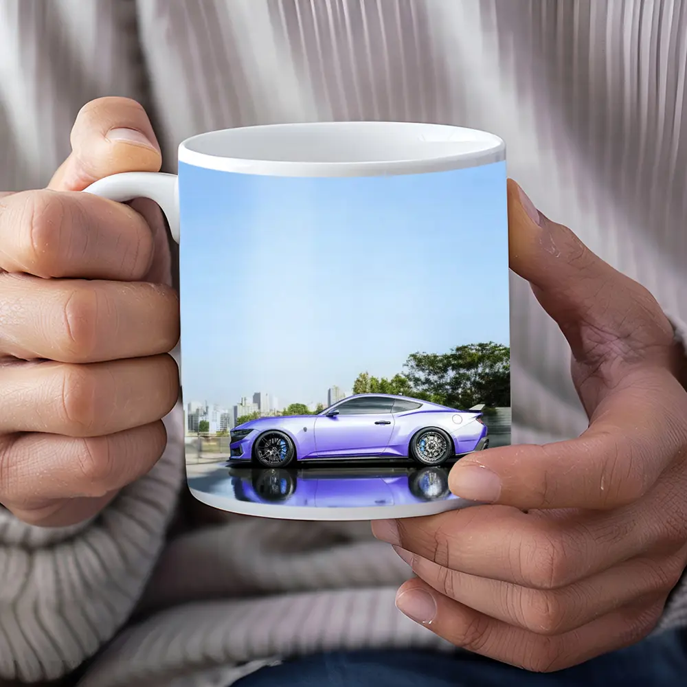 Purple Ford Mustang City Skyline Background – Mugs