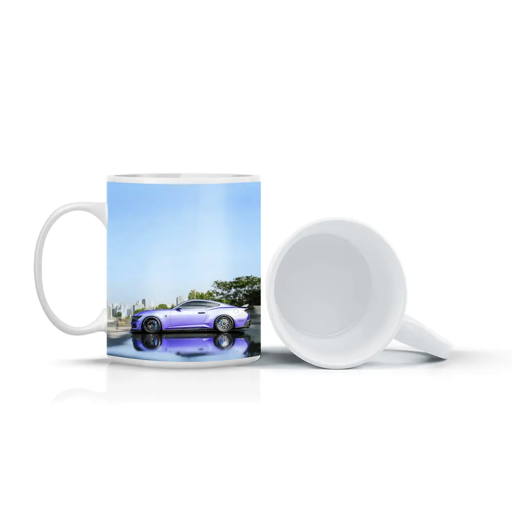 Purple Ford Mustang City Skyline Background – Mugs