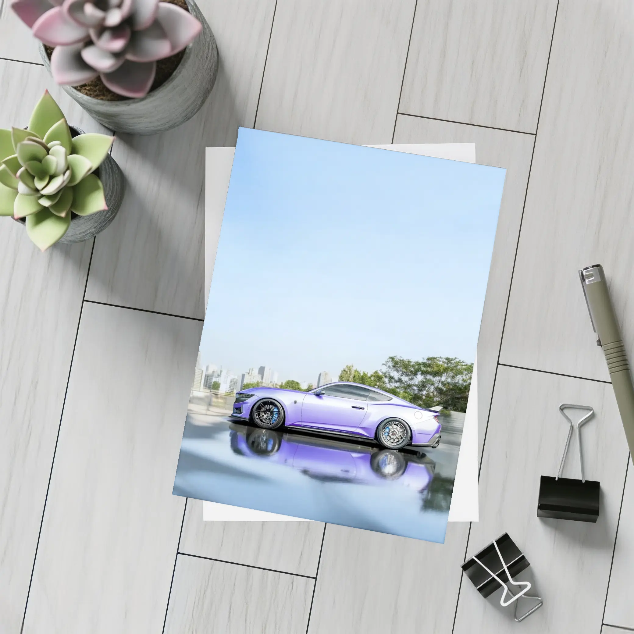 Purple Ford Mustang City Skyline Background – Postcards