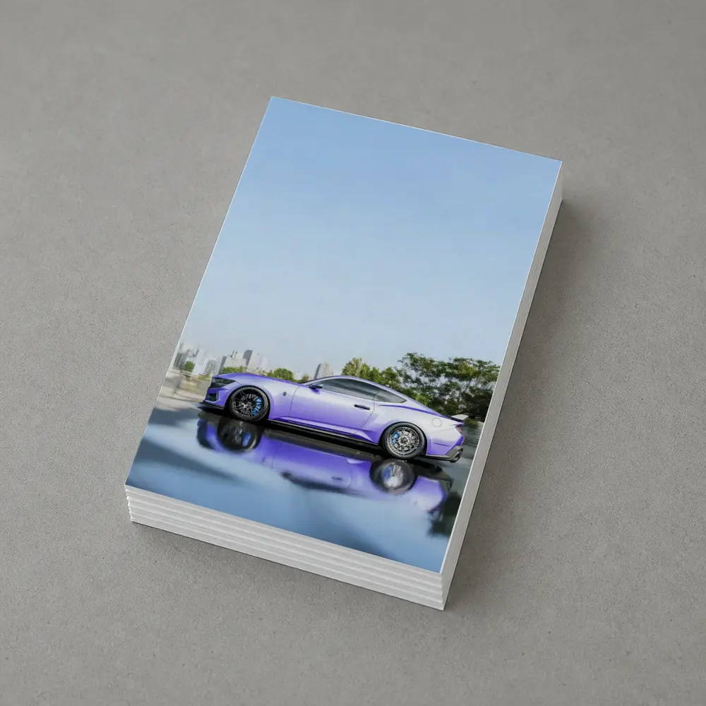 Purple Ford Mustang City Skyline Background – Postcards