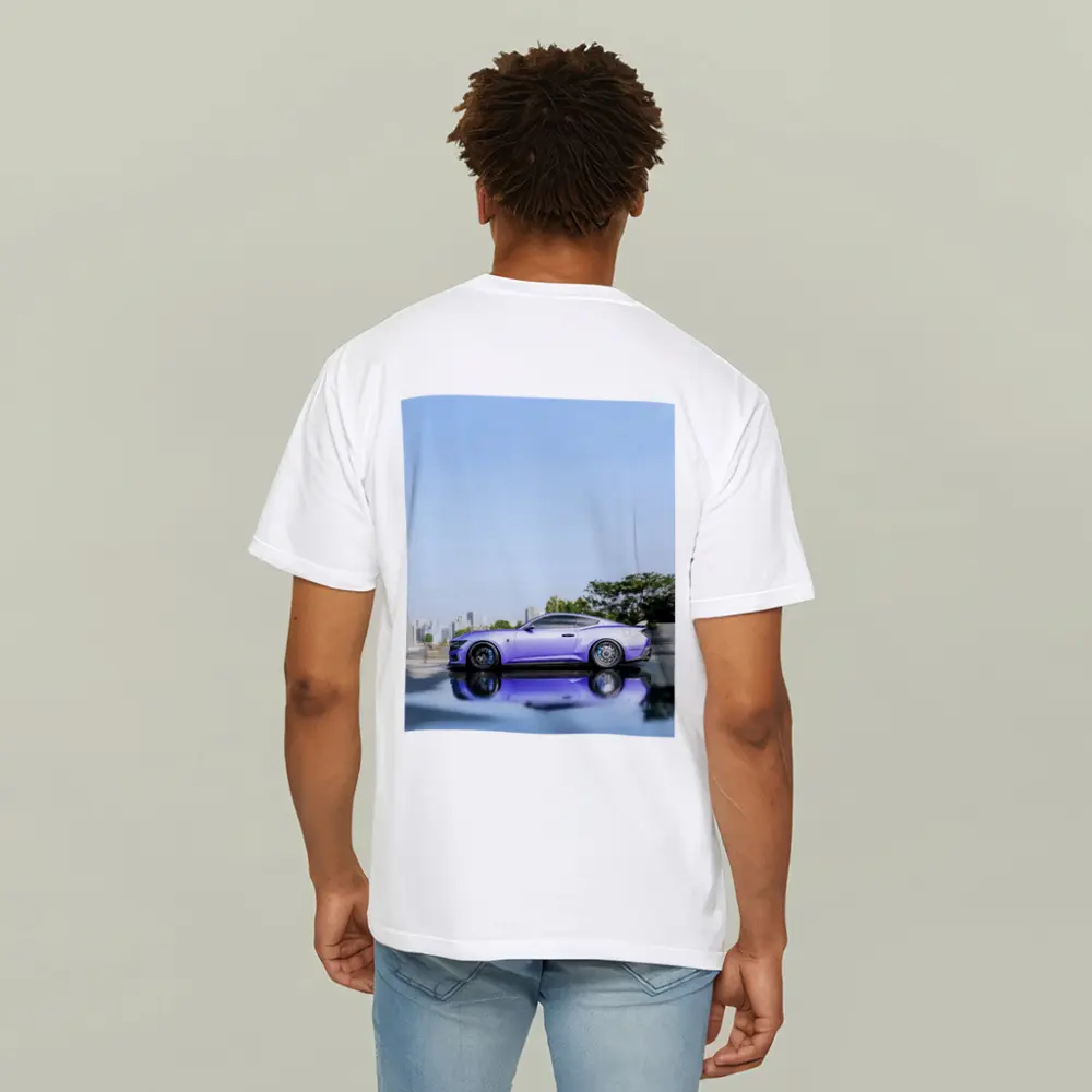 Purple Ford Mustang City Skyline Background – T-Shirts