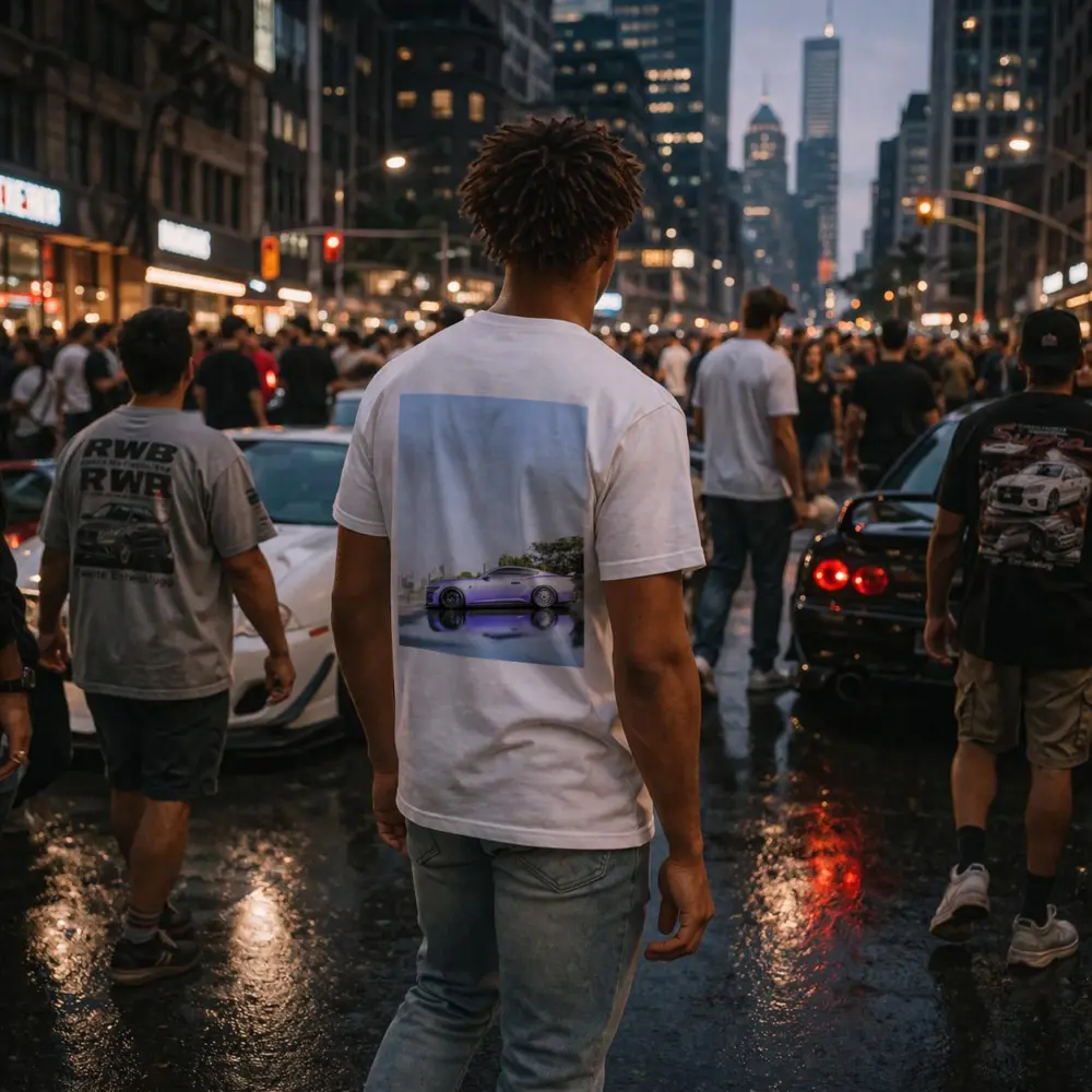 Purple Ford Mustang City Skyline Background – T-Shirts