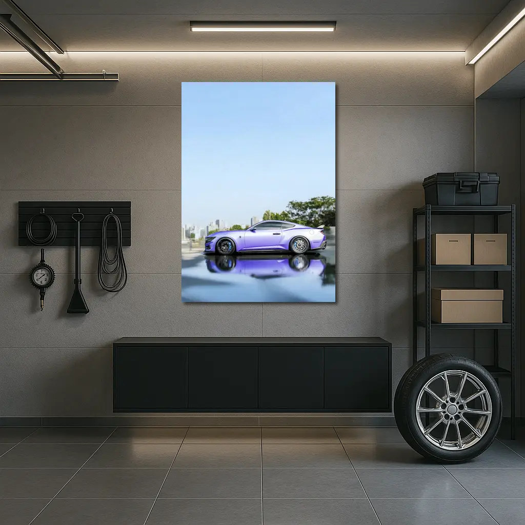 Purple Ford Mustang City Skyline Background – Wall Art