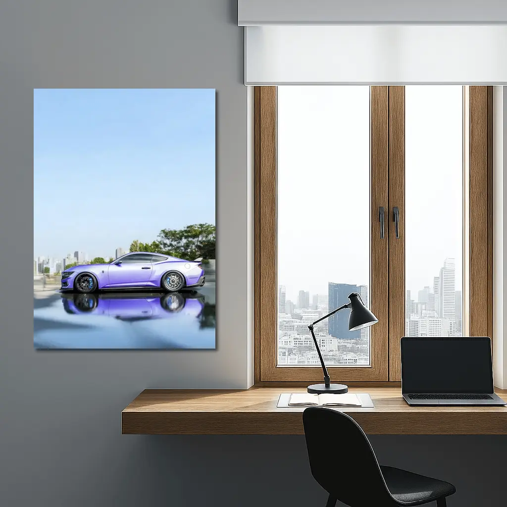 Purple Ford Mustang City Skyline Background – Wall Art