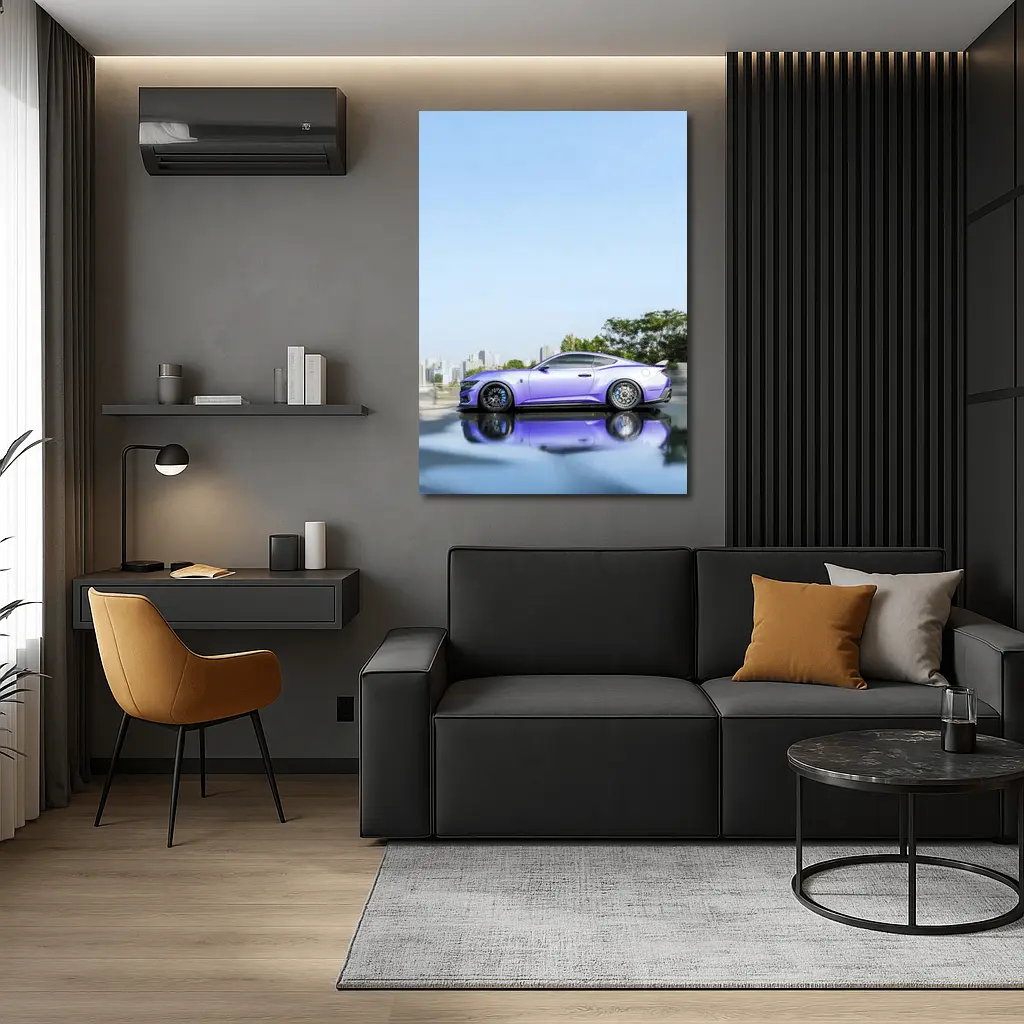 Purple Ford Mustang City Skyline Background – Wall Art