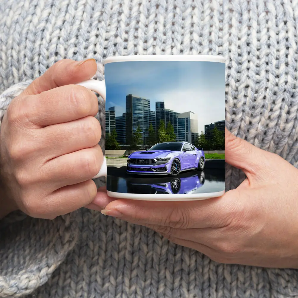 Purple Ford Mustang City Skyline Background – Mugs