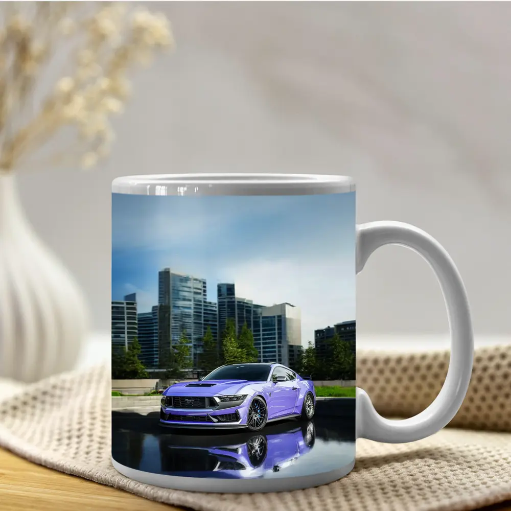 Purple Ford Mustang City Skyline Background – Mugs