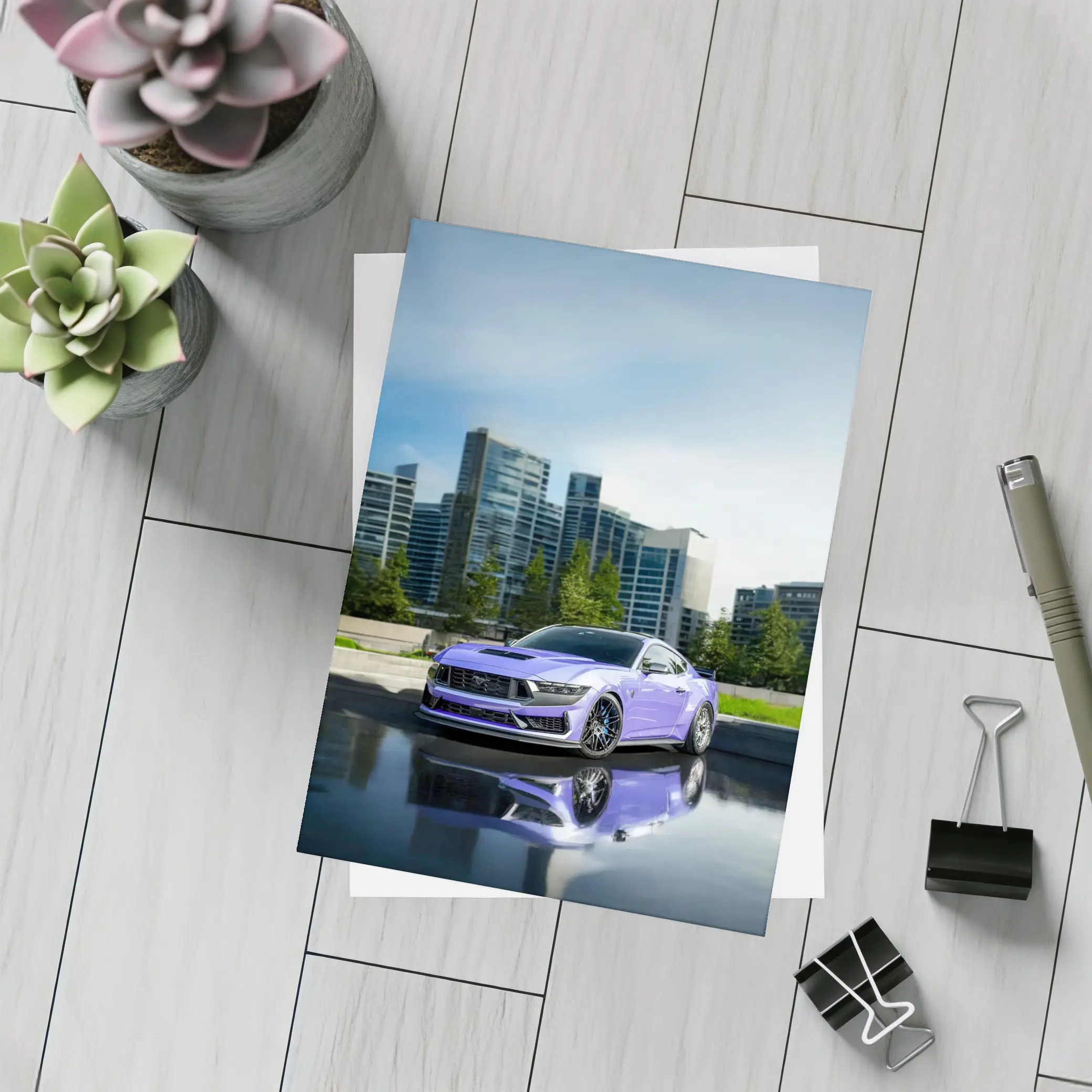 Purple Ford Mustang City Skyline Background – Postcards