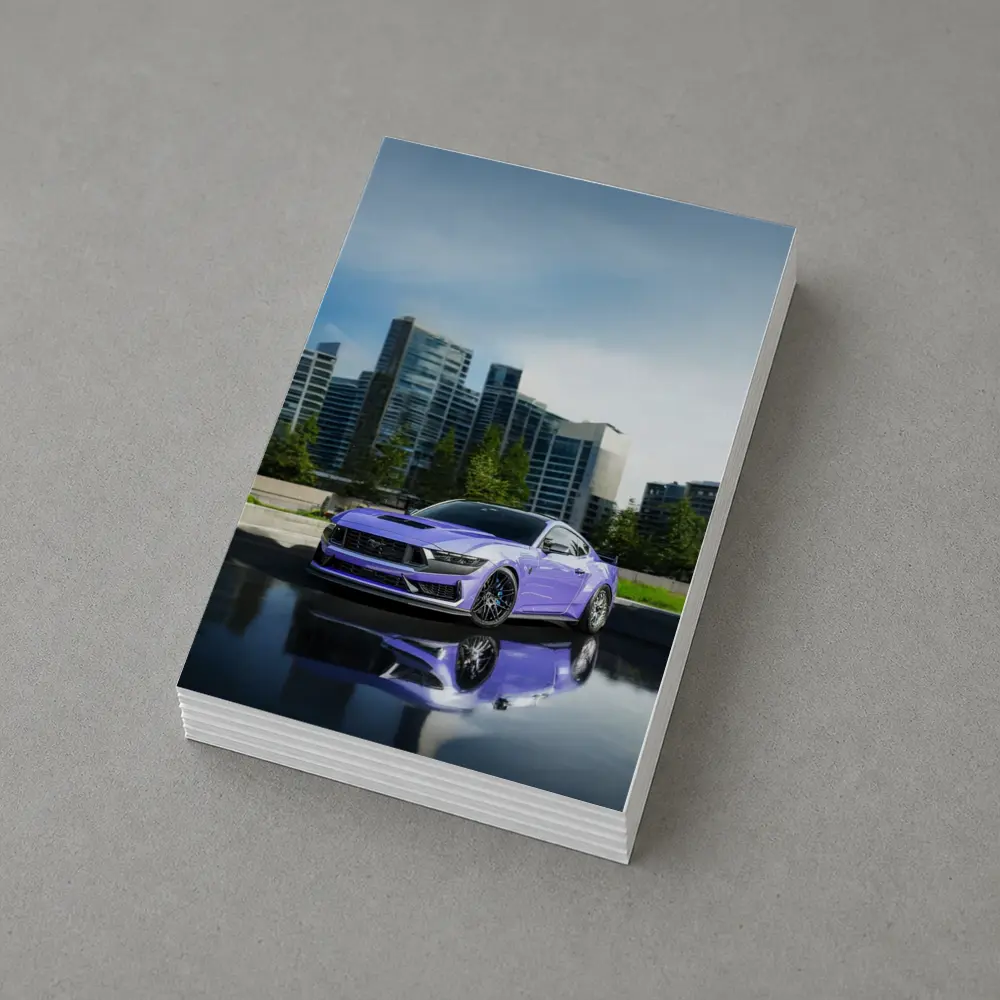 Purple Ford Mustang City Skyline Background – Postcards