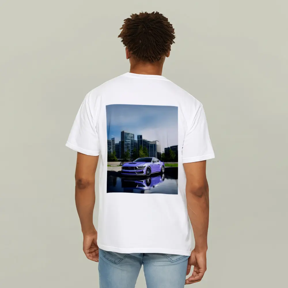 Purple Ford Mustang City Skyline Background – T-Shirts