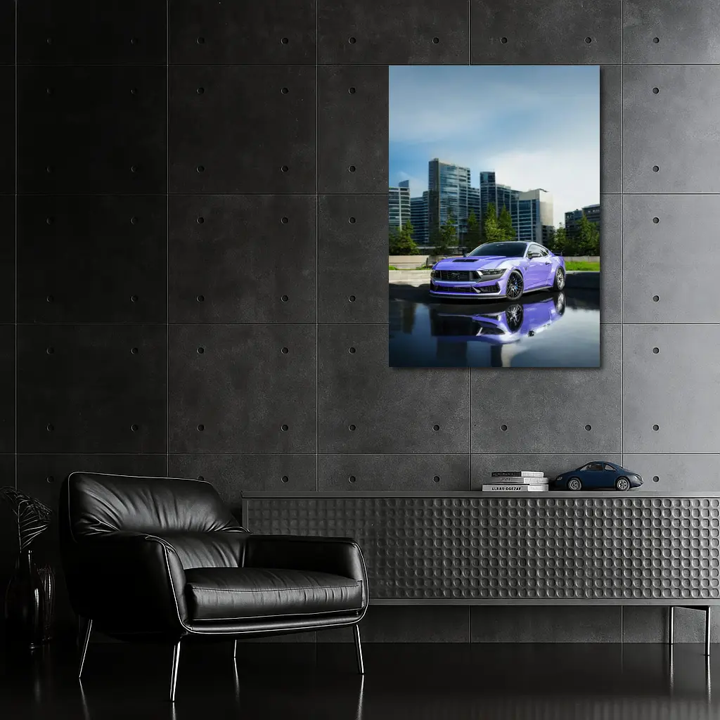 Purple Ford Mustang City Skyline Background – Wall Art