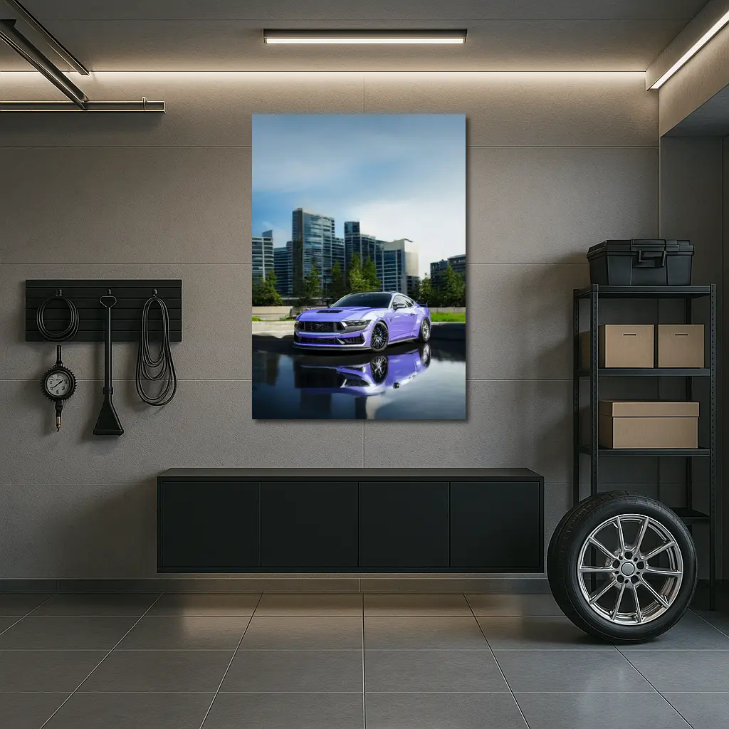 Purple Ford Mustang City Skyline Background – Wall Art