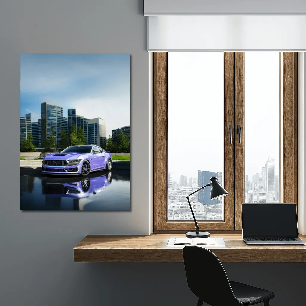 Purple Ford Mustang City Skyline Background – Wall Art