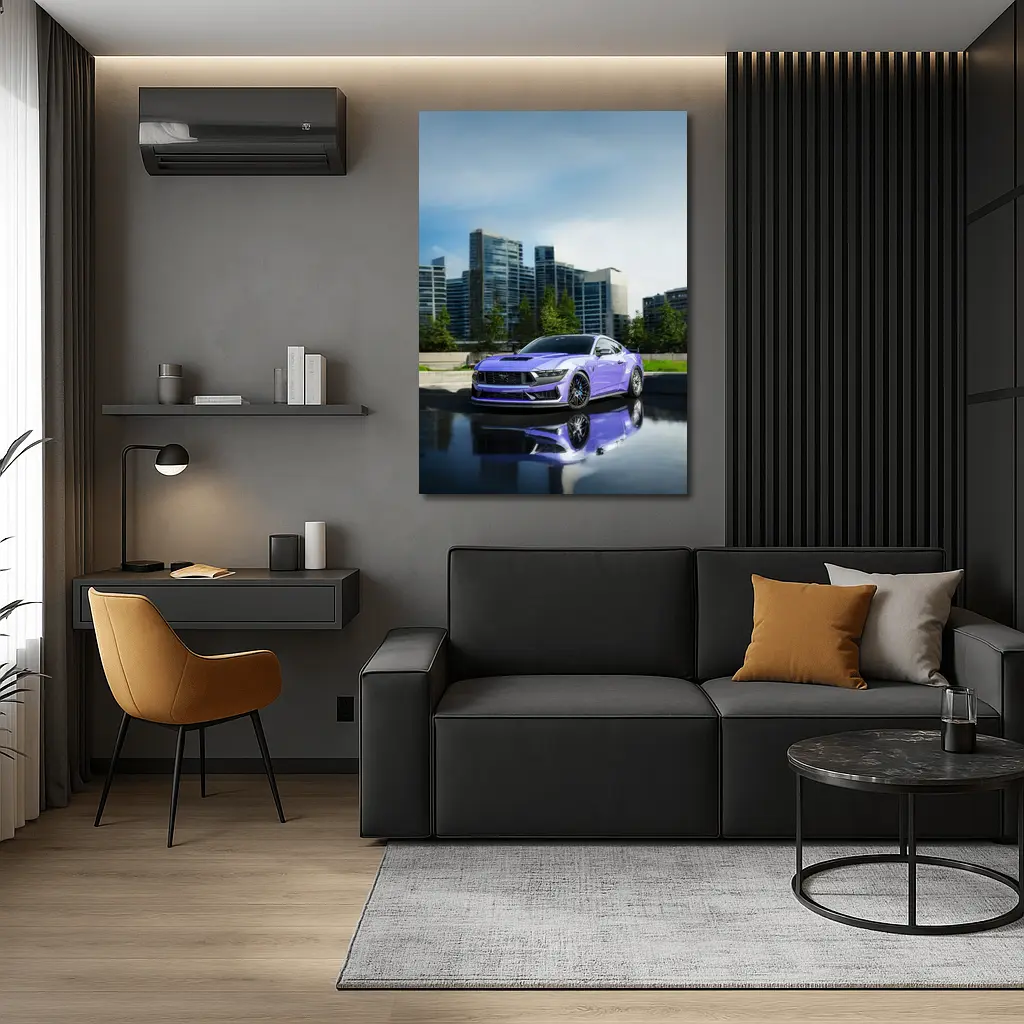 Purple Ford Mustang City Skyline Background – Wall Art