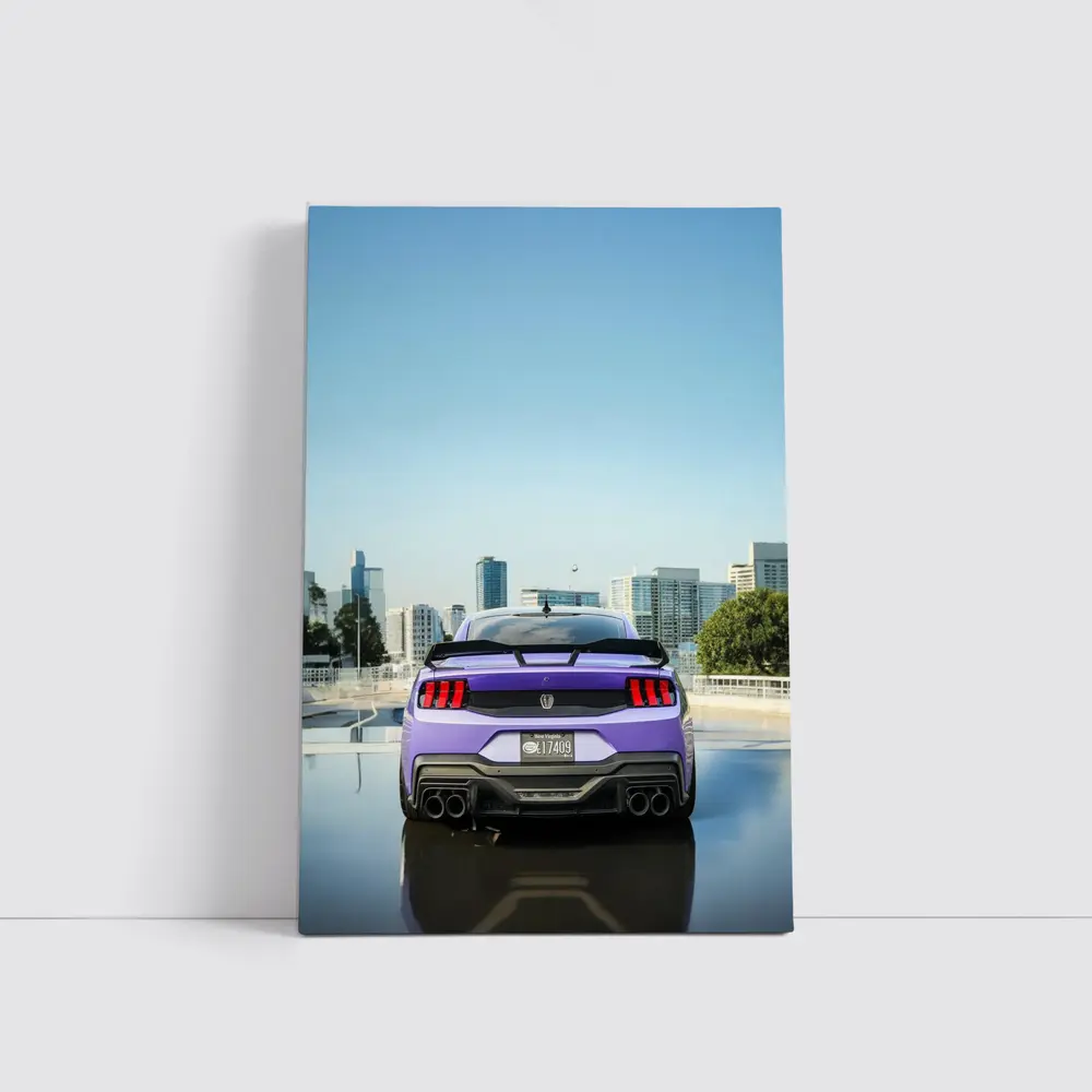 Purple Ford Mustang Rear City Skyline – Wall Art