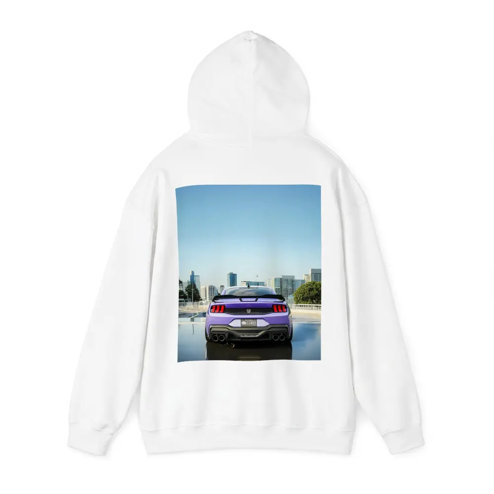 Purple Ford Mustang Rear City Skyline – Hoodies