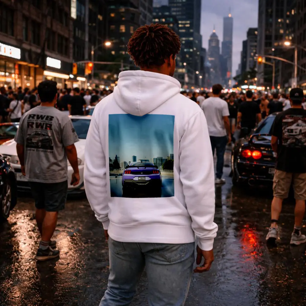 Purple Ford Mustang Rear City Skyline – Hoodies