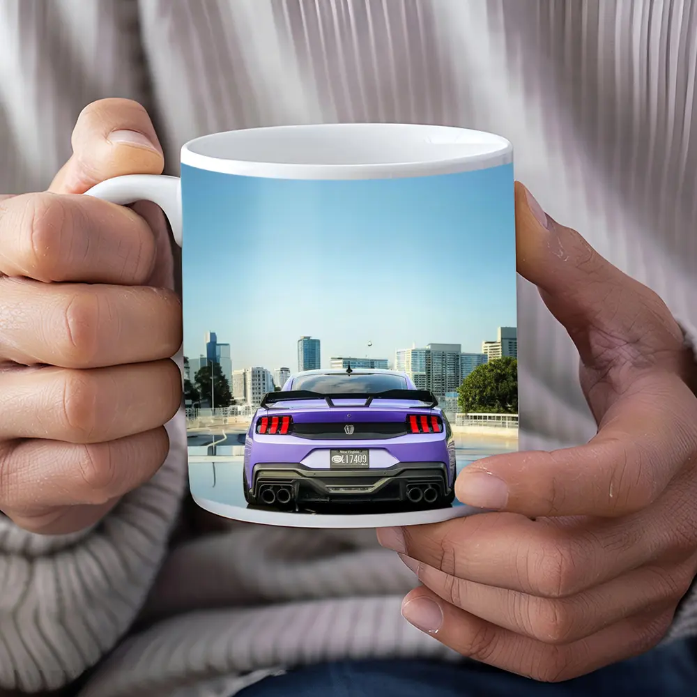 Purple Ford Mustang Rear City Skyline – Mugs