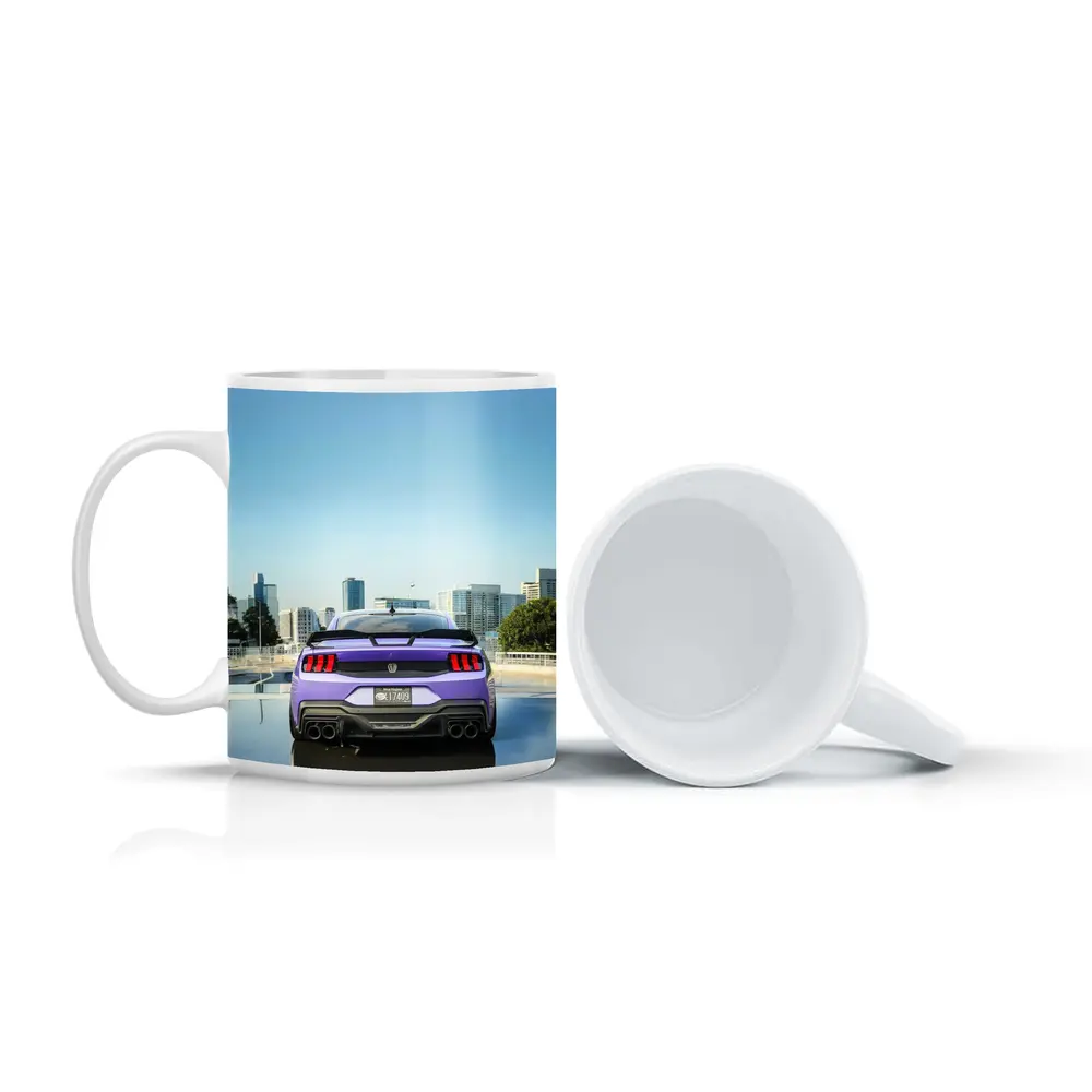 Purple Ford Mustang Rear City Skyline – Mugs