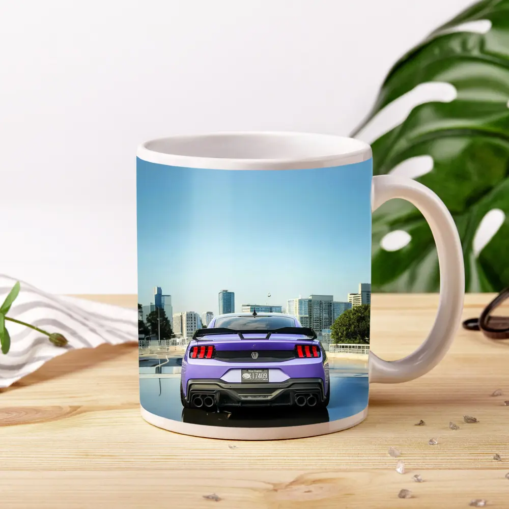 Purple Ford Mustang Rear City Skyline – Mugs