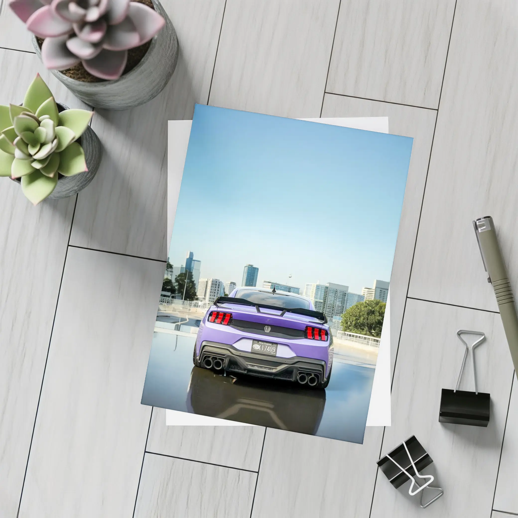Purple Ford Mustang Rear City Skyline – Postcards