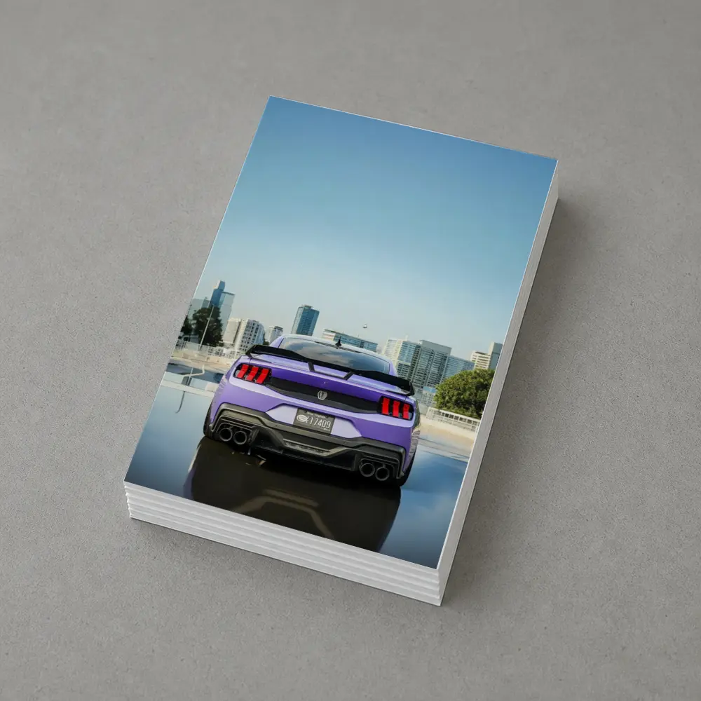 Purple Ford Mustang Rear City Skyline – Postcards