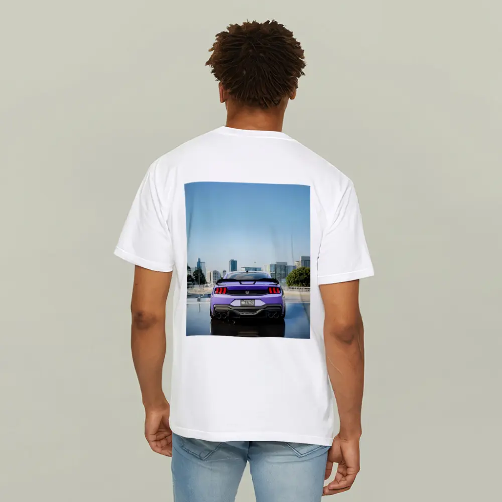 Purple Ford Mustang Rear City Skyline – T-Shirts