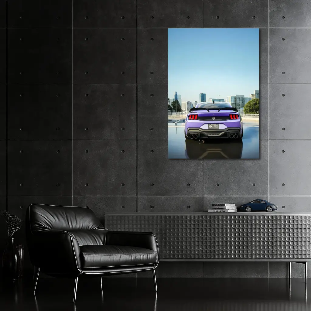 Purple Ford Mustang Rear City Skyline – Wall Art